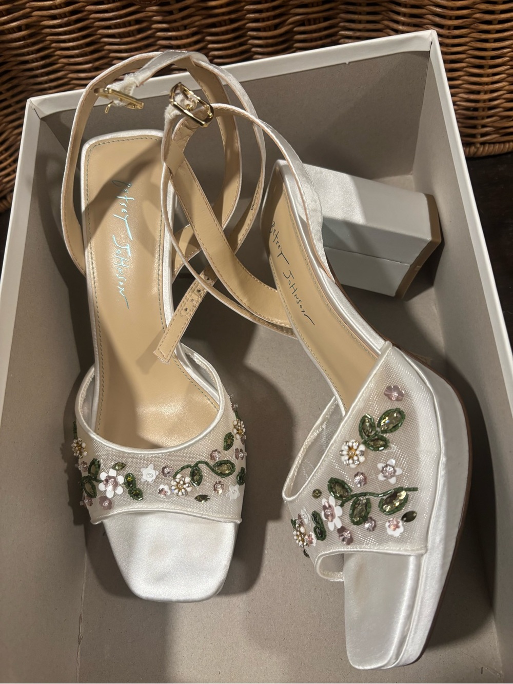 Jessica Simpson Ivory Satin Embellished Ankle-Strap Heels - Picture 2 of 5